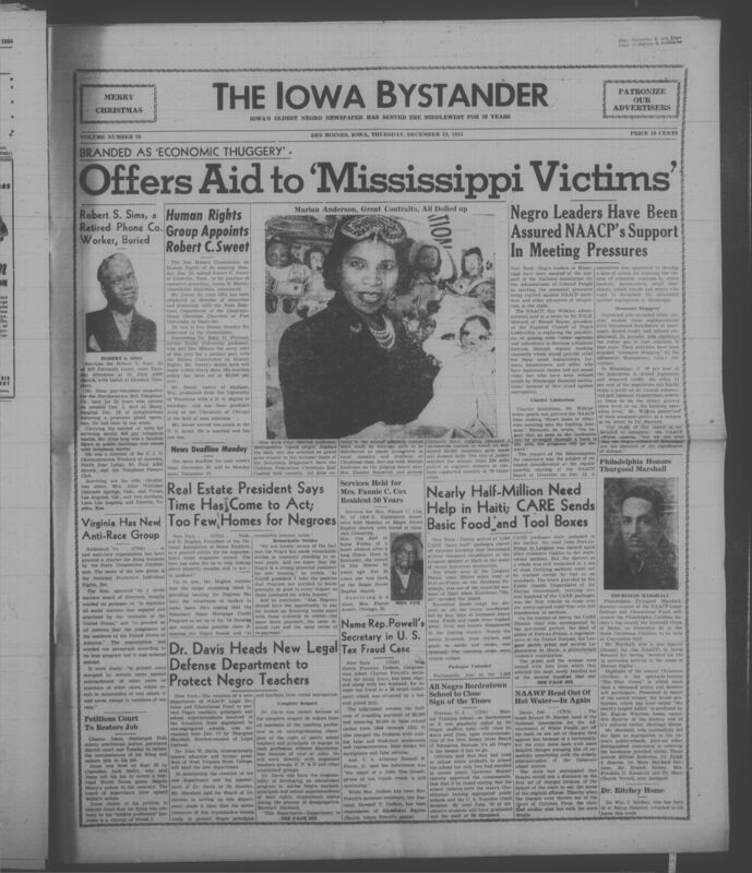 Iowa’s Bystander newspaper (going by various titles throughout the years) was established in Des Moines, Iowa in 1894. The weekly newspaper served as the voice of Iowa’s African American community and covered a variety of local, national, and occasionally international matters. Topics focused on the Black community and was founded with this intent. The newspaper went by various titles throughout the years including: Iowa State Bystander, Iowa Bystander, The Bystander, and The New Iowa Bystander.