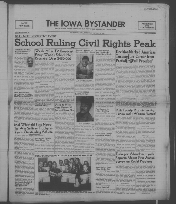 Iowa’s Bystander newspaper (going by various titles throughout the years) was established in Des Moines, Iowa in 1894. The weekly newspaper served as the voice of Iowa’s African American community and covered a variety of local, national, and occasionally international matters. Topics focused on the Black community and was founded with this intent. The newspaper went by various titles throughout the years including: Iowa State Bystander, Iowa Bystander, The Bystander, and The New Iowa Bystander.