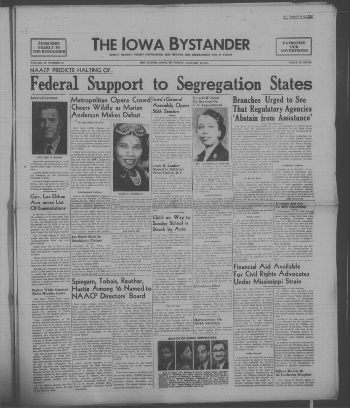 Iowa’s Bystander newspaper (going by various titles throughout the years) was established in Des Moines, Iowa in 1894. The weekly newspaper served as the voice of Iowa’s African American community and covered a variety of local, national, and occasionally international matters. Topics focused on the Black community and was founded with this intent. The newspaper went by various titles throughout the years including: Iowa State Bystander, Iowa Bystander, The Bystander, and The New Iowa Bystander.