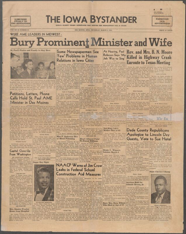 Iowa’s Bystander newspaper (going by various titles throughout the years) was established in Des Moines, Iowa in 1894. The weekly newspaper served as the voice of Iowa’s African American community and covered a variety of local, national, and occasionally international matters. Topics focused on the Black community and was founded with this intent. The newspaper went by various titles throughout the years including: Iowa State Bystander, Iowa Bystander, The Bystander, and The New Iowa Bystander.