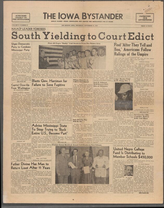Iowa’s Bystander newspaper (going by various titles throughout the years) was established in Des Moines, Iowa in 1894. The weekly newspaper served as the voice of Iowa’s African American community and covered a variety of local, national, and occasionally international matters. Topics focused on the Black community and was founded with this intent. The newspaper went by various titles throughout the years including: Iowa State Bystander, Iowa Bystander, The Bystander, and The New Iowa Bystander.