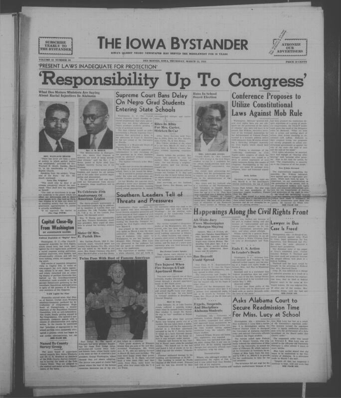 Iowa’s Bystander newspaper (going by various titles throughout the years) was established in Des Moines, Iowa in 1894. The weekly newspaper served as the voice of Iowa’s African American community and covered a variety of local, national, and occasionally international matters. Topics focused on the Black community and was founded with this intent. The newspaper went by various titles throughout the years including: Iowa State Bystander, Iowa Bystander, The Bystander, and The New Iowa Bystander.