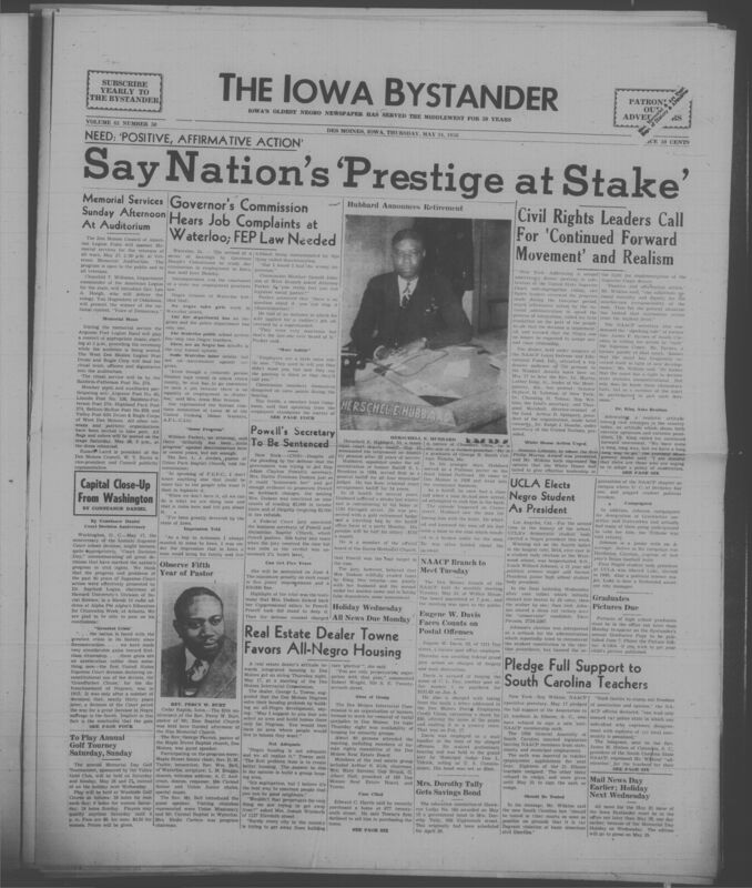 Iowa’s Bystander newspaper (going by various titles throughout the years) was established in Des Moines, Iowa in 1894. The weekly newspaper served as the voice of Iowa’s African American community and covered a variety of local, national, and occasionally international matters. Topics focused on the Black community and was founded with this intent. The newspaper went by various titles throughout the years including: Iowa State Bystander, Iowa Bystander, The Bystander, and The New Iowa Bystander.