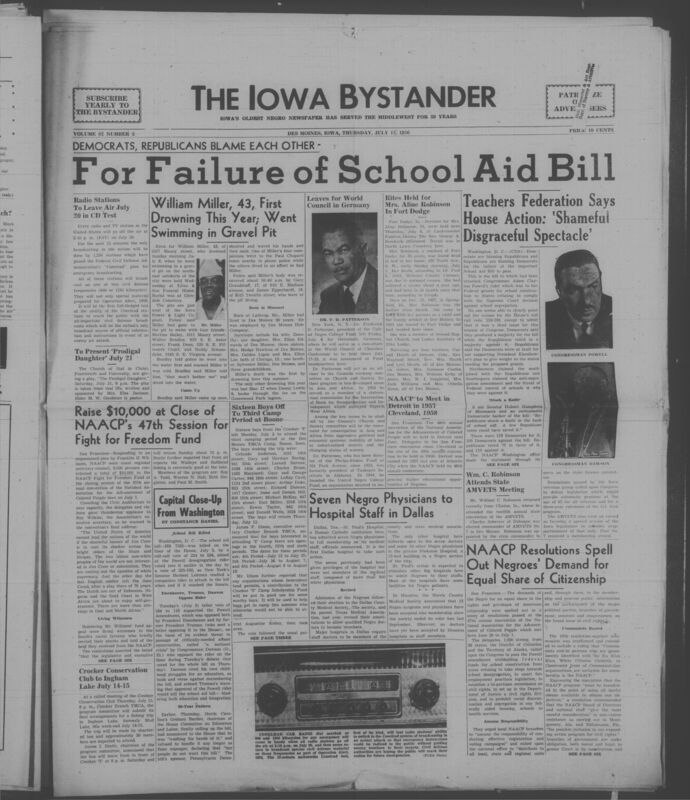 Iowa’s Bystander newspaper (going by various titles throughout the years) was established in Des Moines, Iowa in 1894. The weekly newspaper served as the voice of Iowa’s African American community and covered a variety of local, national, and occasionally international matters. Topics focused on the Black community and was founded with this intent. The newspaper went by various titles throughout the years including: Iowa State Bystander, Iowa Bystander, The Bystander, and The New Iowa Bystander.