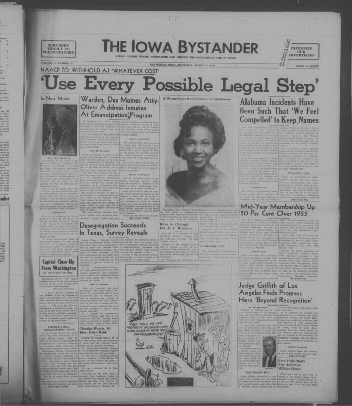 Iowa’s Bystander newspaper (going by various titles throughout the years) was established in Des Moines, Iowa in 1894. The weekly newspaper served as the voice of Iowa’s African American community and covered a variety of local, national, and occasionally international matters. Topics focused on the Black community and was founded with this intent. The newspaper went by various titles throughout the years including: Iowa State Bystander, Iowa Bystander, The Bystander, and The New Iowa Bystander.