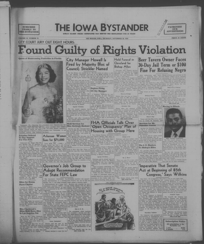 Iowa’s Bystander newspaper (going by various titles throughout the years) was established in Des Moines, Iowa in 1894. The weekly newspaper served as the voice of Iowa’s African American community and covered a variety of local, national, and occasionally international matters. Topics focused on the Black community and was founded with this intent. The newspaper went by various titles throughout the years including: Iowa State Bystander, Iowa Bystander, The Bystander, and The New Iowa Bystander.