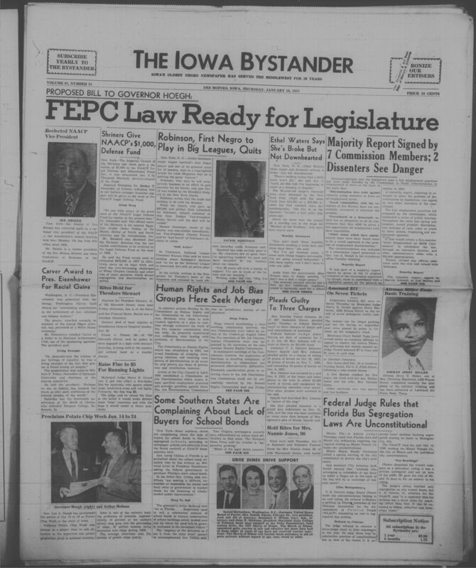 Iowa’s Bystander newspaper (going by various titles throughout the years) was established in Des Moines, Iowa in 1894. The weekly newspaper served as the voice of Iowa’s African American community and covered a variety of local, national, and occasionally international matters. Topics focused on the Black community and was founded with this intent. The newspaper went by various titles throughout the years including: Iowa State Bystander, Iowa Bystander, The Bystander, and The New Iowa Bystander.