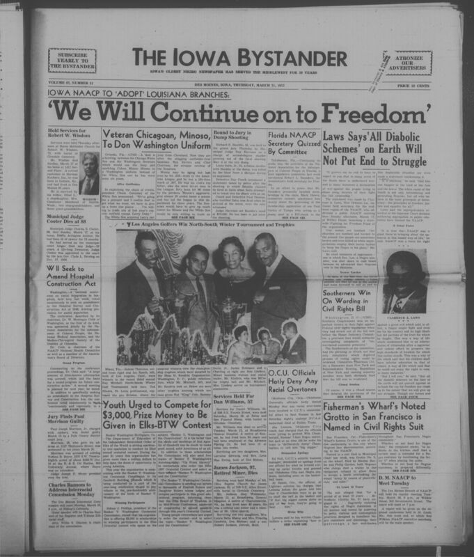 Iowa’s Bystander newspaper (going by various titles throughout the years) was established in Des Moines, Iowa in 1894. The weekly newspaper served as the voice of Iowa’s African American community and covered a variety of local, national, and occasionally international matters. Topics focused on the Black community and was founded with this intent. The newspaper went by various titles throughout the years including: Iowa State Bystander, Iowa Bystander, The Bystander, and The New Iowa Bystander.