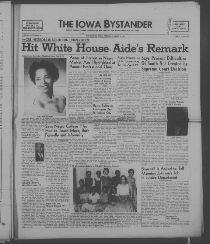 Iowa’s Bystander newspaper (going by various titles throughout the years) was established in Des Moines, Iowa in 1894. The weekly newspaper served as the voice of Iowa’s African American community and covered a variety of local, national, and occasionally international matters. Topics focused on the Black community and was founded with this intent. The newspaper went by various titles throughout the years including: Iowa State Bystander, Iowa Bystander, The Bystander, and The New Iowa Bystander.