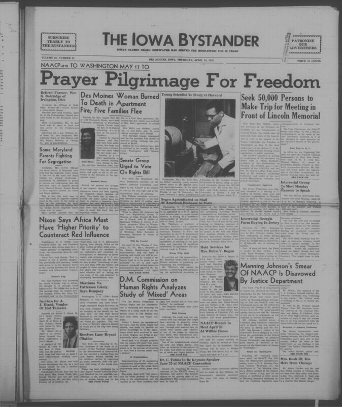 Iowa’s Bystander newspaper (going by various titles throughout the years) was established in Des Moines, Iowa in 1894. The weekly newspaper served as the voice of Iowa’s African American community and covered a variety of local, national, and occasionally international matters. Topics focused on the Black community and was founded with this intent. The newspaper went by various titles throughout the years including: Iowa State Bystander, Iowa Bystander, The Bystander, and The New Iowa Bystander.