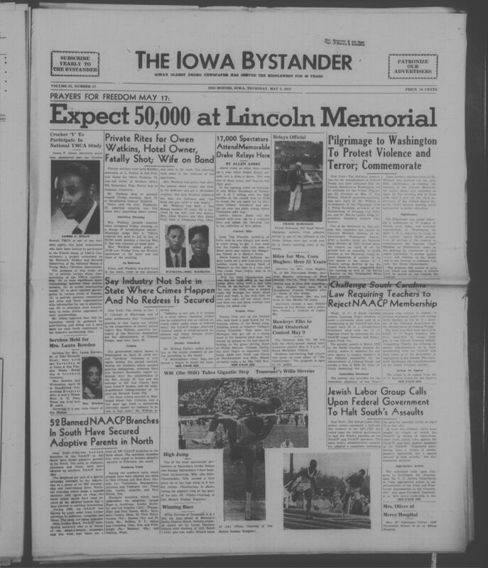 Iowa’s Bystander newspaper (going by various titles throughout the years) was established in Des Moines, Iowa in 1894. The weekly newspaper served as the voice of Iowa’s African American community and covered a variety of local, national, and occasionally international matters. Topics focused on the Black community and was founded with this intent. The newspaper went by various titles throughout the years including: Iowa State Bystander, Iowa Bystander, The Bystander, and The New Iowa Bystander.