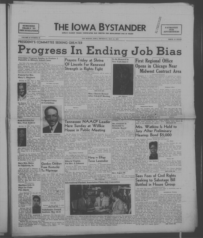 Iowa’s Bystander newspaper (going by various titles throughout the years) was established in Des Moines, Iowa in 1894. The weekly newspaper served as the voice of Iowa’s African American community and covered a variety of local, national, and occasionally international matters. Topics focused on the Black community and was founded with this intent. The newspaper went by various titles throughout the years including: Iowa State Bystander, Iowa Bystander, The Bystander, and The New Iowa Bystander.