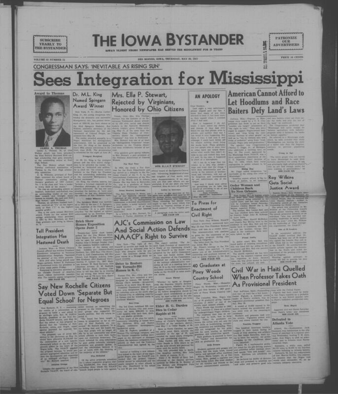 Iowa’s Bystander newspaper (going by various titles throughout the years) was established in Des Moines, Iowa in 1894. The weekly newspaper served as the voice of Iowa’s African American community and covered a variety of local, national, and occasionally international matters. Topics focused on the Black community and was founded with this intent. The newspaper went by various titles throughout the years including: Iowa State Bystander, Iowa Bystander, The Bystander, and The New Iowa Bystander.