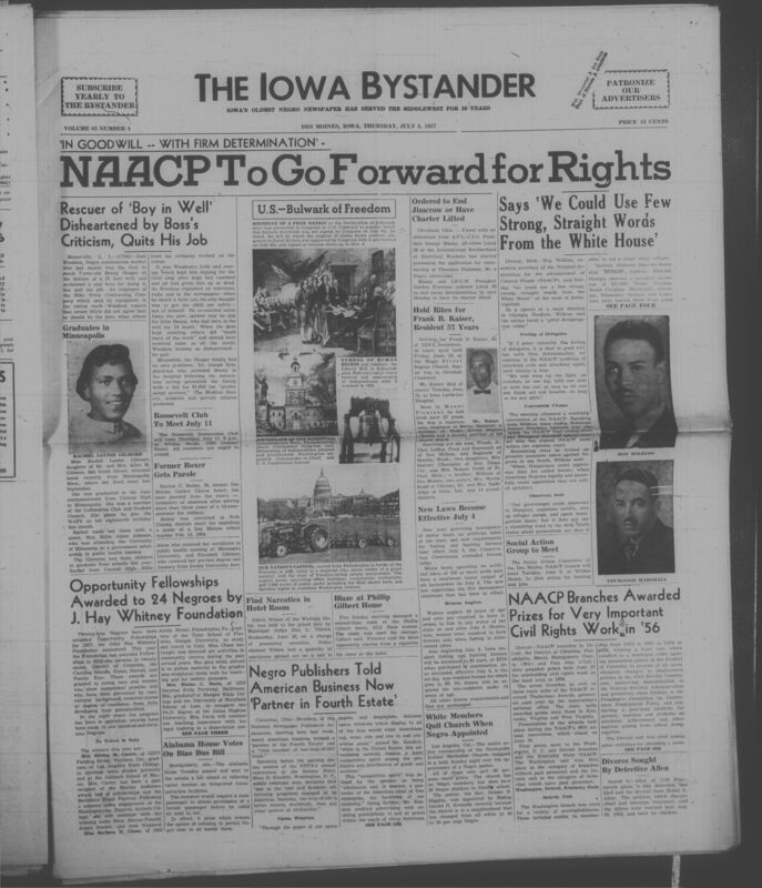 Iowa’s Bystander newspaper (going by various titles throughout the years) was established in Des Moines, Iowa in 1894. The weekly newspaper served as the voice of Iowa’s African American community and covered a variety of local, national, and occasionally international matters. Topics focused on the Black community and was founded with this intent. The newspaper went by various titles throughout the years including: Iowa State Bystander, Iowa Bystander, The Bystander, and The New Iowa Bystander.