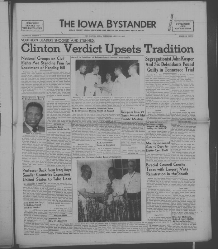 Iowa’s Bystander newspaper (going by various titles throughout the years) was established in Des Moines, Iowa in 1894. The weekly newspaper served as the voice of Iowa’s African American community and covered a variety of local, national, and occasionally international matters. Topics focused on the Black community and was founded with this intent. The newspaper went by various titles throughout the years including: Iowa State Bystander, Iowa Bystander, The Bystander, and The New Iowa Bystander.