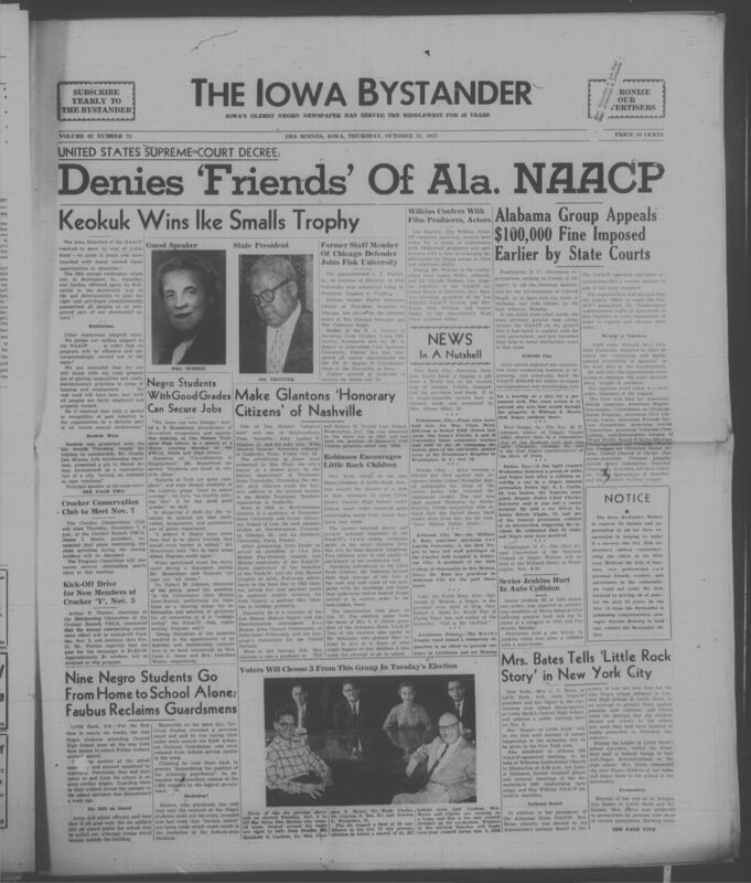 Iowa’s Bystander newspaper (going by various titles throughout the years) was established in Des Moines, Iowa in 1894. The weekly newspaper served as the voice of Iowa’s African American community and covered a variety of local, national, and occasionally international matters. Topics focused on the Black community and was founded with this intent. The newspaper went by various titles throughout the years including: Iowa State Bystander, Iowa Bystander, The Bystander, and The New Iowa Bystander.