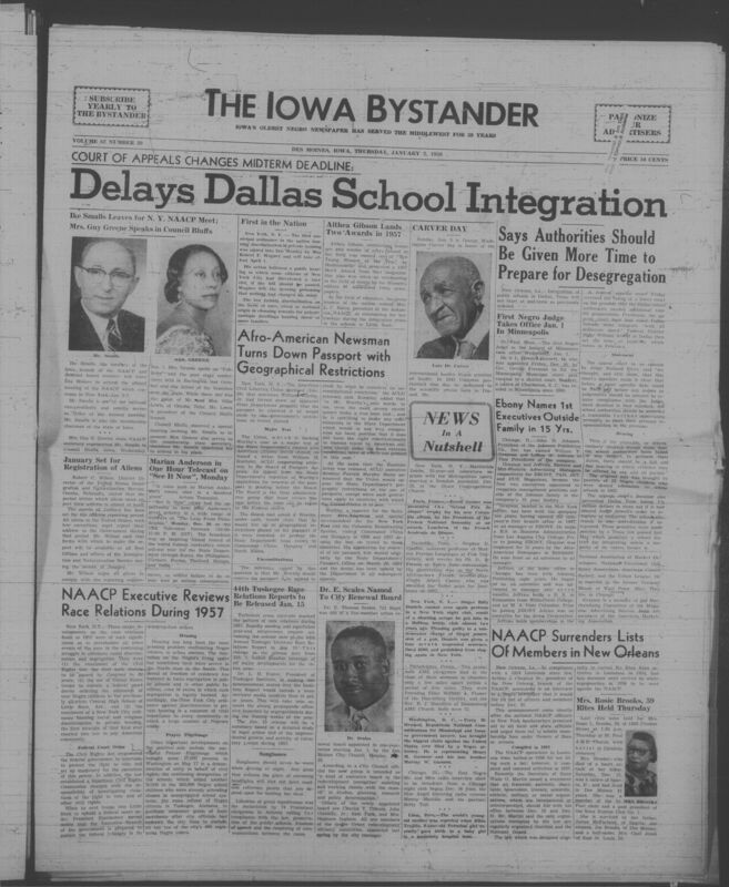 Iowa’s Bystander newspaper (going by various titles throughout the years) was established in Des Moines, Iowa in 1894. The weekly newspaper served as the voice of Iowa’s African American community and covered a variety of local, national, and occasionally international matters. Topics focused on the Black community and was founded with this intent. The newspaper went by various titles throughout the years including: Iowa State Bystander, Iowa Bystander, The Bystander, and The New Iowa Bystander.