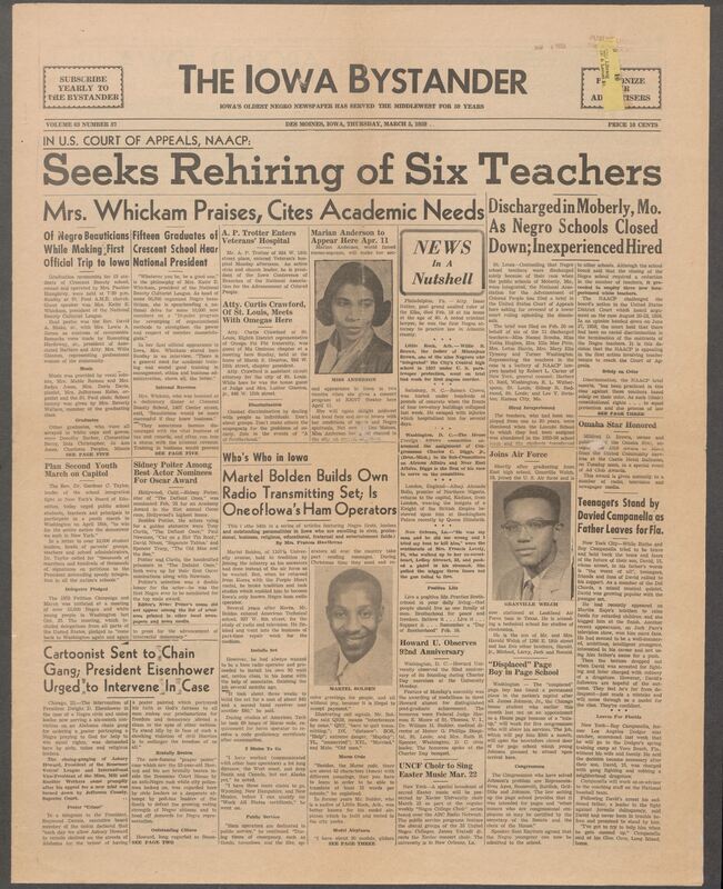 Iowa’s Bystander newspaper (going by various titles throughout the years) was established in Des Moines, Iowa in 1894. The weekly newspaper served as the voice of Iowa’s African American community and covered a variety of local, national, and occasionally international matters. Topics focused on the Black community and was founded with this intent. The newspaper went by various titles throughout the years including: Iowa State Bystander, Iowa Bystander, The Bystander, and The New Iowa Bystander.