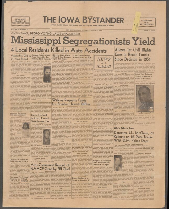 Iowa’s Bystander newspaper (going by various titles throughout the years) was established in Des Moines, Iowa in 1894. The weekly newspaper served as the voice of Iowa’s African American community and covered a variety of local, national, and occasionally international matters. Topics focused on the Black community and was founded with this intent. The newspaper went by various titles throughout the years including: Iowa State Bystander, Iowa Bystander, The Bystander, and The New Iowa Bystander.