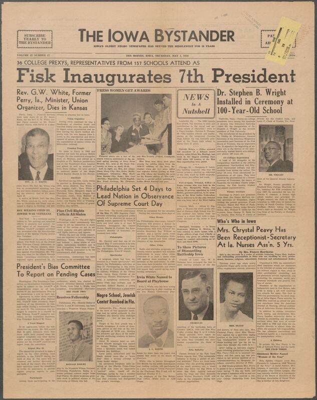 Iowa’s Bystander newspaper (going by various titles throughout the years) was established in Des Moines, Iowa in 1894. The weekly newspaper served as the voice of Iowa’s African American community and covered a variety of local, national, and occasionally international matters. Topics focused on the Black community and was founded with this intent. The newspaper went by various titles throughout the years including: Iowa State Bystander, Iowa Bystander, The Bystander, and The New Iowa Bystander.