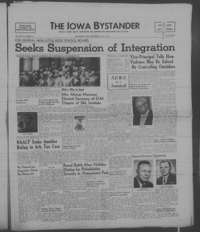 Iowa’s Bystander newspaper (going by various titles throughout the years) was established in Des Moines, Iowa in 1894. The weekly newspaper served as the voice of Iowa’s African American community and covered a variety of local, national, and occasionally international matters. Topics focused on the Black community and was founded with this intent. The newspaper went by various titles throughout the years including: Iowa State Bystander, Iowa Bystander, The Bystander, and The New Iowa Bystander.
