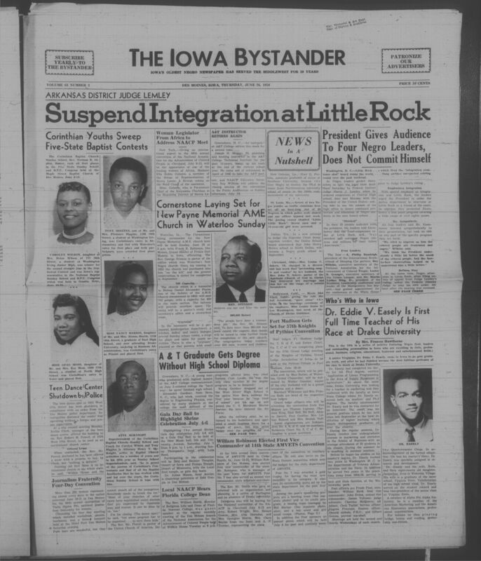 Iowa’s Bystander newspaper (going by various titles throughout the years) was established in Des Moines, Iowa in 1894. The weekly newspaper served as the voice of Iowa’s African American community and covered a variety of local, national, and occasionally international matters. Topics focused on the Black community and was founded with this intent. The newspaper went by various titles throughout the years including: Iowa State Bystander, Iowa Bystander, The Bystander, and The New Iowa Bystander.