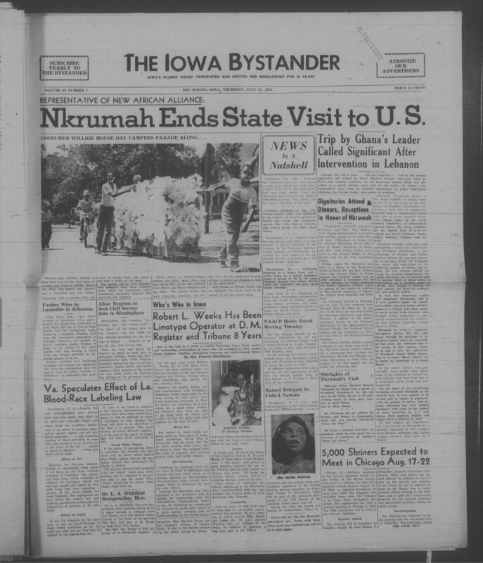 Iowa’s Bystander newspaper (going by various titles throughout the years) was established in Des Moines, Iowa in 1894. The weekly newspaper served as the voice of Iowa’s African American community and covered a variety of local, national, and occasionally international matters. Topics focused on the Black community and was founded with this intent. The newspaper went by various titles throughout the years including: Iowa State Bystander, Iowa Bystander, The Bystander, and The New Iowa Bystander.