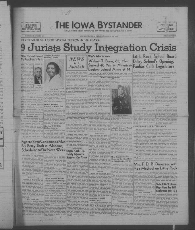 Iowa’s Bystander newspaper (going by various titles throughout the years) was established in Des Moines, Iowa in 1894. The weekly newspaper served as the voice of Iowa’s African American community and covered a variety of local, national, and occasionally international matters. Topics focused on the Black community and was founded with this intent. The newspaper went by various titles throughout the years including: Iowa State Bystander, Iowa Bystander, The Bystander, and The New Iowa Bystander.