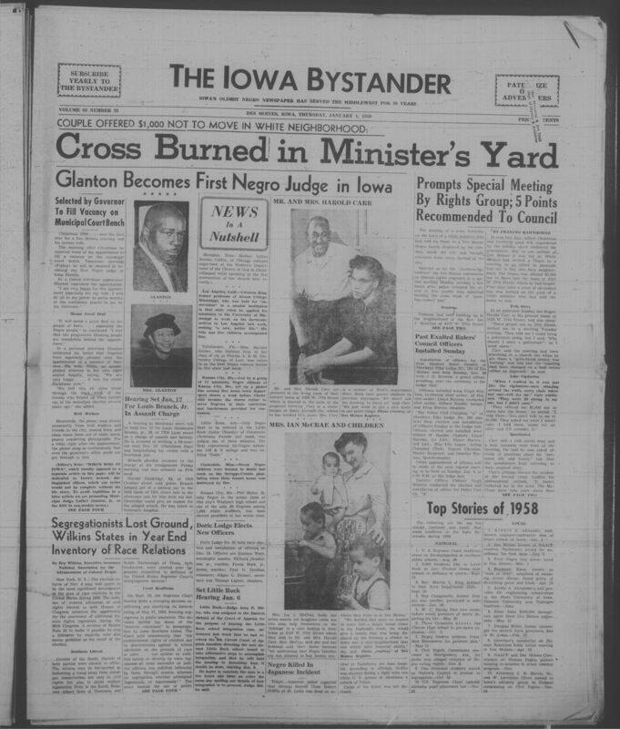 Iowa’s Bystander newspaper (going by various titles throughout the years) was established in Des Moines, Iowa in 1894. The weekly newspaper served as the voice of Iowa’s African American community and covered a variety of local, national, and occasionally international matters. Topics focused on the Black community and was founded with this intent. The newspaper went by various titles throughout the years including: Iowa State Bystander, Iowa Bystander, The Bystander, and The New Iowa Bystander.