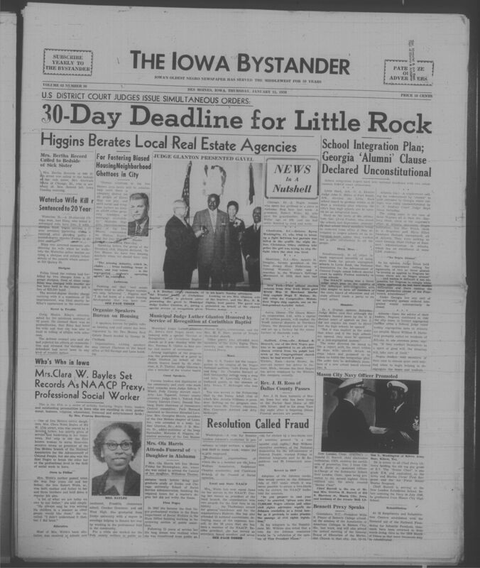 Iowa’s Bystander newspaper (going by various titles throughout the years) was established in Des Moines, Iowa in 1894. The weekly newspaper served as the voice of Iowa’s African American community and covered a variety of local, national, and occasionally international matters. Topics focused on the Black community and was founded with this intent. The newspaper went by various titles throughout the years including: Iowa State Bystander, Iowa Bystander, The Bystander, and The New Iowa Bystander.