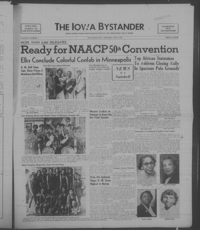 Iowa’s Bystander newspaper (going by various titles throughout the years) was established in Des Moines, Iowa in 1894. The weekly newspaper served as the voice of Iowa’s African American community and covered a variety of local, national, and occasionally international matters. Topics focused on the Black community and was founded with this intent. The newspaper went by various titles throughout the years including: Iowa State Bystander, Iowa Bystander, The Bystander, and The New Iowa Bystander.
