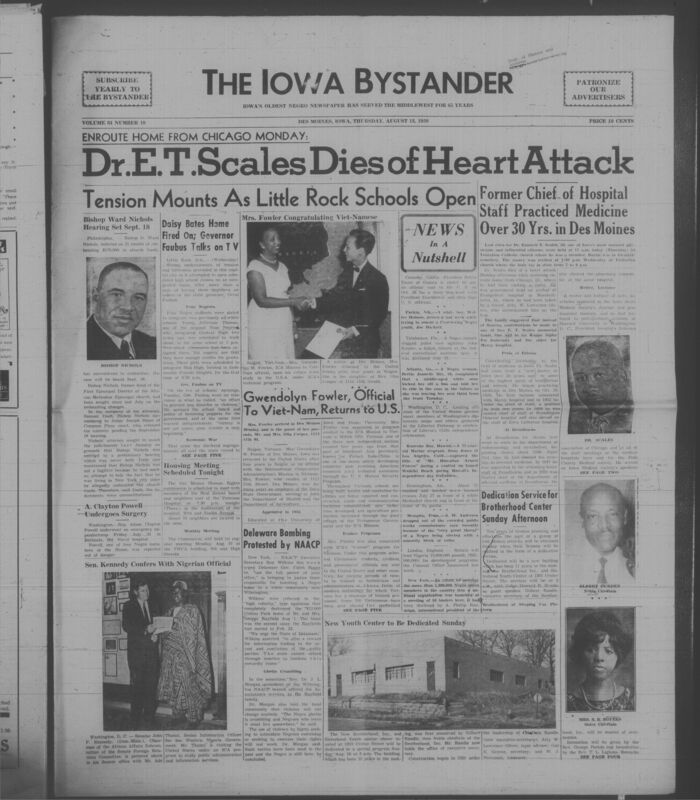 Iowa’s Bystander newspaper (going by various titles throughout the years) was established in Des Moines, Iowa in 1894. The weekly newspaper served as the voice of Iowa’s African American community and covered a variety of local, national, and occasionally international matters. Topics focused on the Black community and was founded with this intent. The newspaper went by various titles throughout the years including: Iowa State Bystander, Iowa Bystander, The Bystander, and The New Iowa Bystander.