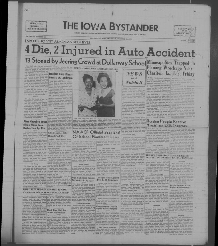 Iowa’s Bystander newspaper (going by various titles throughout the years) was established in Des Moines, Iowa in 1894. The weekly newspaper served as the voice of Iowa’s African American community and covered a variety of local, national, and occasionally international matters. Topics focused on the Black community and was founded with this intent. The newspaper went by various titles throughout the years including: Iowa State Bystander, Iowa Bystander, The Bystander, and The New Iowa Bystander.