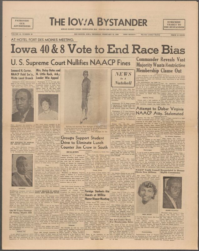 Iowa’s Bystander newspaper (going by various titles throughout the years) was established in Des Moines, Iowa in 1894. The weekly newspaper served as the voice of Iowa’s African American community and covered a variety of local, national, and occasionally international matters. Topics focused on the Black community and was founded with this intent. The newspaper went by various titles throughout the years including: Iowa State Bystander, Iowa Bystander, The Bystander, and The New Iowa Bystander.