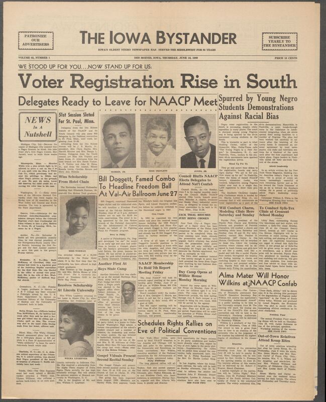 Iowa’s Bystander newspaper (going by various titles throughout the years) was established in Des Moines, Iowa in 1894. The weekly newspaper served as the voice of Iowa’s African American community and covered a variety of local, national, and occasionally international matters. Topics focused on the Black community and was founded with this intent. The newspaper went by various titles throughout the years including: Iowa State Bystander, Iowa Bystander, The Bystander, and The New Iowa Bystander.