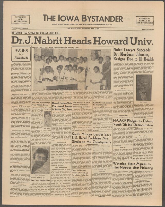 Iowa’s Bystander newspaper (going by various titles throughout the years) was established in Des Moines, Iowa in 1894. The weekly newspaper served as the voice of Iowa’s African American community and covered a variety of local, national, and occasionally international matters. Topics focused on the Black community and was founded with this intent. The newspaper went by various titles throughout the years including: Iowa State Bystander, Iowa Bystander, The Bystander, and The New Iowa Bystander.