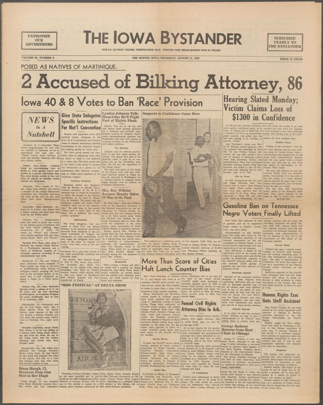 Iowa’s Bystander newspaper (going by various titles throughout the years) was established in Des Moines, Iowa in 1894. The weekly newspaper served as the voice of Iowa’s African American community and covered a variety of local, national, and occasionally international matters. Topics focused on the Black community and was founded with this intent. The newspaper went by various titles throughout the years including: Iowa State Bystander, Iowa Bystander, The Bystander, and The New Iowa Bystander.