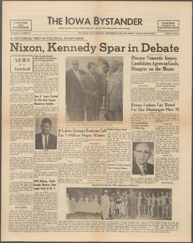 Iowa’s Bystander newspaper (going by various titles throughout the years) was established in Des Moines, Iowa in 1894. The weekly newspaper served as the voice of Iowa’s African American community and covered a variety of local, national, and occasionally international matters. Topics focused on the Black community and was founded with this intent. The newspaper went by various titles throughout the years including: Iowa State Bystander, Iowa Bystander, The Bystander, and The New Iowa Bystander.