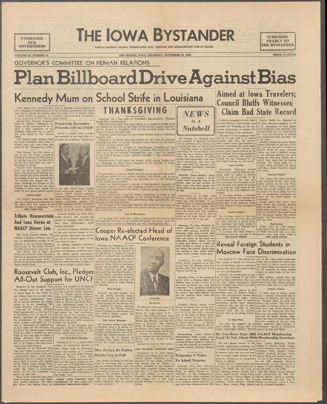 Iowa’s Bystander newspaper (going by various titles throughout the years) was established in Des Moines, Iowa in 1894. The weekly newspaper served as the voice of Iowa’s African American community and covered a variety of local, national, and occasionally international matters. Topics focused on the Black community and was founded with this intent. The newspaper went by various titles throughout the years including: Iowa State Bystander, Iowa Bystander, The Bystander, and The New Iowa Bystander.