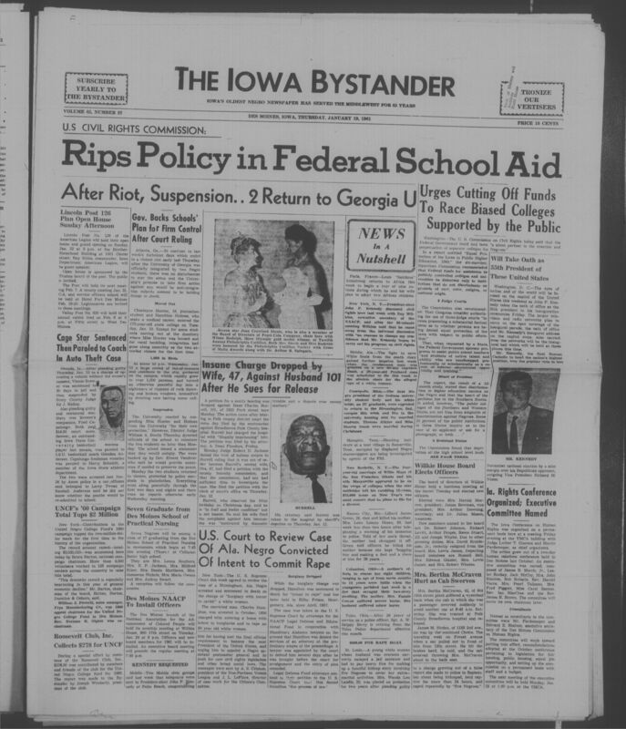 Iowa’s Bystander newspaper (going by various titles throughout the years) was established in Des Moines, Iowa in 1894. The weekly newspaper served as the voice of Iowa’s African American community and covered a variety of local, national, and occasionally international matters. Topics focused on the Black community and was founded with this intent. The newspaper went by various titles throughout the years including: Iowa State Bystander, Iowa Bystander, The Bystander, and The New Iowa Bystander.