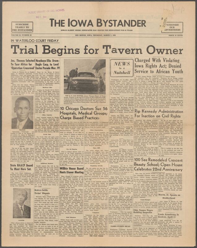 Iowa’s Bystander newspaper (going by various titles throughout the years) was established in Des Moines, Iowa in 1894. The weekly newspaper served as the voice of Iowa’s African American community and covered a variety of local, national, and occasionally international matters. Topics focused on the Black community and was founded with this intent. The newspaper went by various titles throughout the years including: Iowa State Bystander, Iowa Bystander, The Bystander, and The New Iowa Bystander.