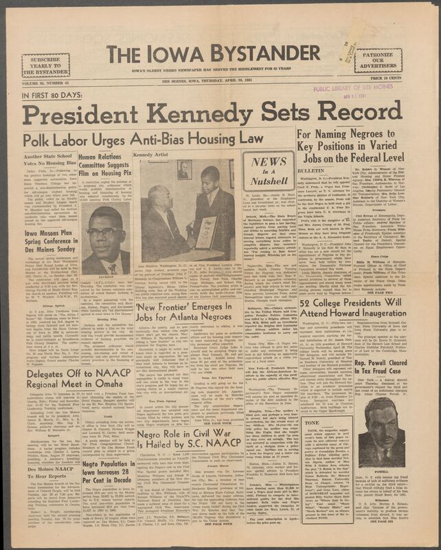 Iowa’s Bystander newspaper (going by various titles throughout the years) was established in Des Moines, Iowa in 1894. The weekly newspaper served as the voice of Iowa’s African American community and covered a variety of local, national, and occasionally international matters. Topics focused on the Black community and was founded with this intent. The newspaper went by various titles throughout the years including: Iowa State Bystander, Iowa Bystander, The Bystander, and The New Iowa Bystander.
