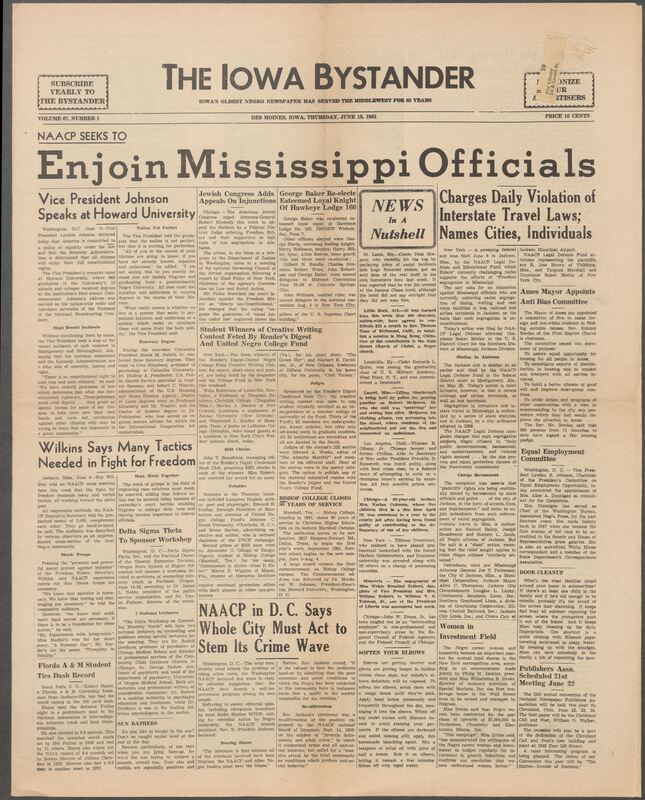 Iowa’s Bystander newspaper (going by various titles throughout the years) was established in Des Moines, Iowa in 1894. The weekly newspaper served as the voice of Iowa’s African American community and covered a variety of local, national, and occasionally international matters. Topics focused on the Black community and was founded with this intent. The newspaper went by various titles throughout the years including: Iowa State Bystander, Iowa Bystander, The Bystander, and The New Iowa Bystander.