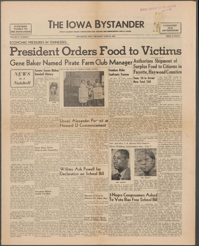 Iowa’s Bystander newspaper (going by various titles throughout the years) was established in Des Moines, Iowa in 1894. The weekly newspaper served as the voice of Iowa’s African American community and covered a variety of local, national, and occasionally international matters. Topics focused on the Black community and was founded with this intent. The newspaper went by various titles throughout the years including: Iowa State Bystander, Iowa Bystander, The Bystander, and The New Iowa Bystander.