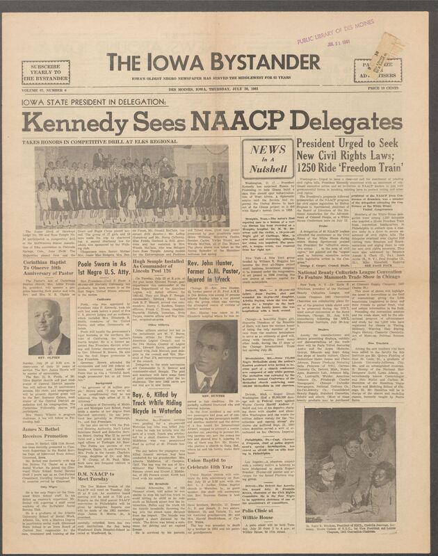 Iowa’s Bystander newspaper (going by various titles throughout the years) was established in Des Moines, Iowa in 1894. The weekly newspaper served as the voice of Iowa’s African American community and covered a variety of local, national, and occasionally international matters. Topics focused on the Black community and was founded with this intent. The newspaper went by various titles throughout the years including: Iowa State Bystander, Iowa Bystander, The Bystander, and The New Iowa Bystander.