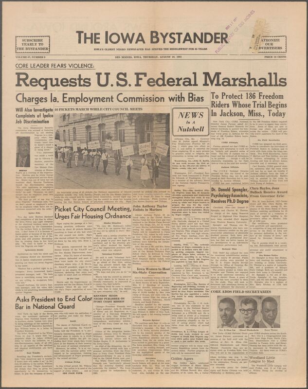 Iowa’s Bystander newspaper (going by various titles throughout the years) was established in Des Moines, Iowa in 1894. The weekly newspaper served as the voice of Iowa’s African American community and covered a variety of local, national, and occasionally international matters. Topics focused on the Black community and was founded with this intent. The newspaper went by various titles throughout the years including: Iowa State Bystander, Iowa Bystander, The Bystander, and The New Iowa Bystander.