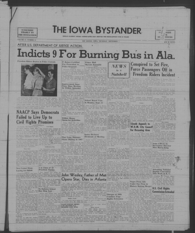 Iowa’s Bystander newspaper (going by various titles throughout the years) was established in Des Moines, Iowa in 1894. The weekly newspaper served as the voice of Iowa’s African American community and covered a variety of local, national, and occasionally international matters. Topics focused on the Black community and was founded with this intent. The newspaper went by various titles throughout the years including: Iowa State Bystander, Iowa Bystander, The Bystander, and The New Iowa Bystander.