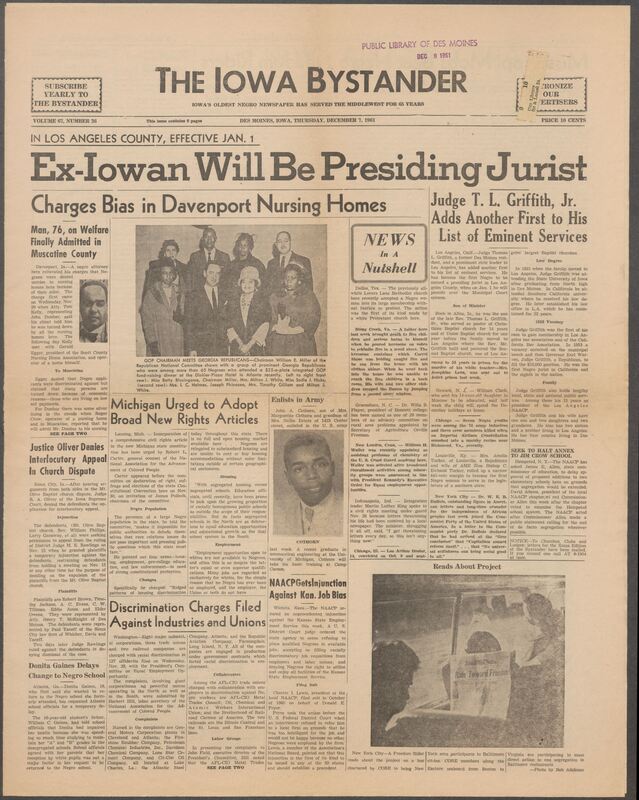 Iowa’s Bystander newspaper (going by various titles throughout the years) was established in Des Moines, Iowa in 1894. The weekly newspaper served as the voice of Iowa’s African American community and covered a variety of local, national, and occasionally international matters. Topics focused on the Black community and was founded with this intent. The newspaper went by various titles throughout the years including: Iowa State Bystander, Iowa Bystander, The Bystander, and The New Iowa Bystander.
