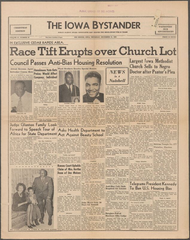 Iowa’s Bystander newspaper (going by various titles throughout the years) was established in Des Moines, Iowa in 1894. The weekly newspaper served as the voice of Iowa’s African American community and covered a variety of local, national, and occasionally international matters. Topics focused on the Black community and was founded with this intent. The newspaper went by various titles throughout the years including: Iowa State Bystander, Iowa Bystander, The Bystander, and The New Iowa Bystander.