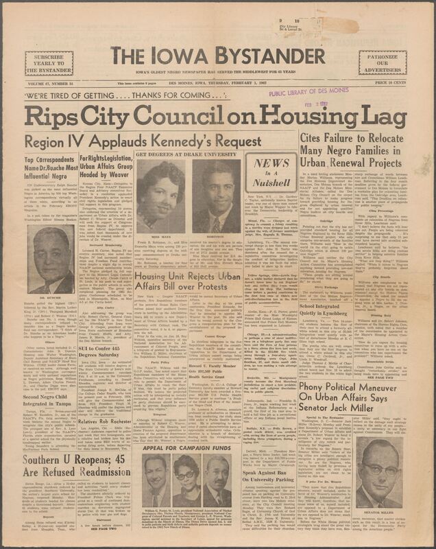 Iowa’s Bystander newspaper (going by various titles throughout the years) was established in Des Moines, Iowa in 1894. The weekly newspaper served as the voice of Iowa’s African American community and covered a variety of local, national, and occasionally international matters. Topics focused on the Black community and was founded with this intent. The newspaper went by various titles throughout the years including: Iowa State Bystander, Iowa Bystander, The Bystander, and The New Iowa Bystander.